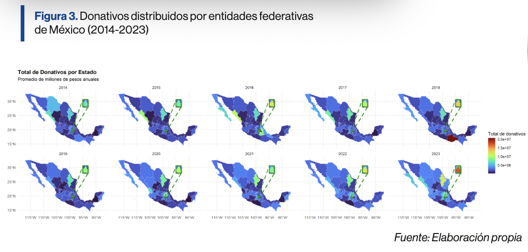 Donativos distribuidos por entidades federativas de México (2014-2023)